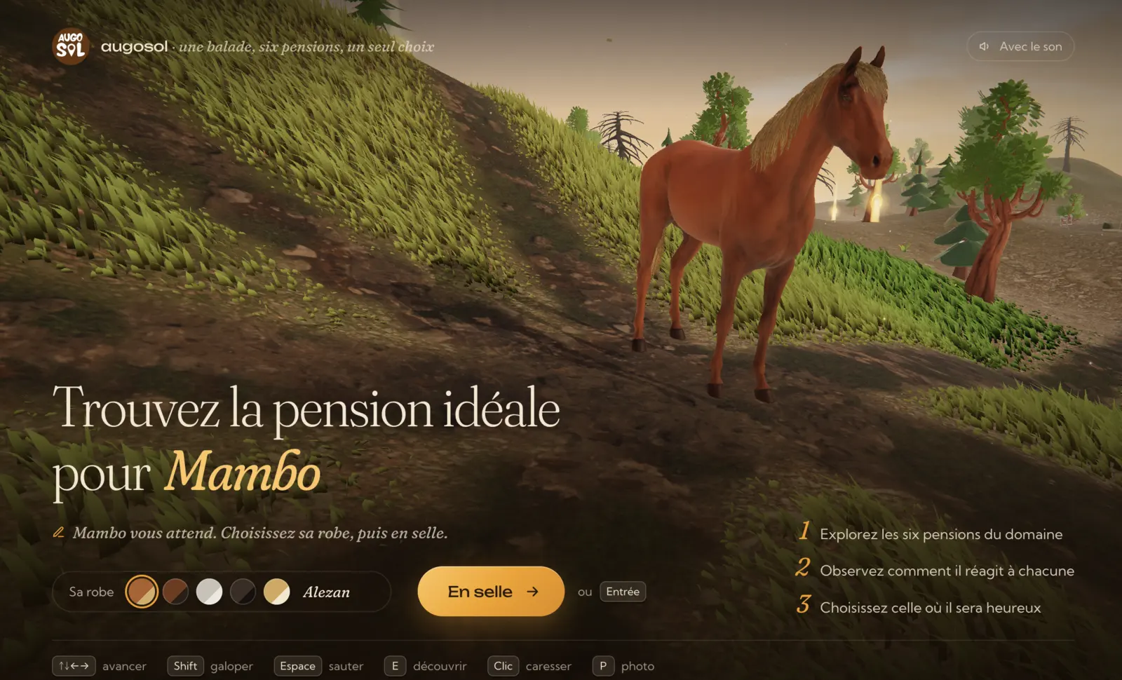 L’expérience 3D d’Augosol : Mambo, un cheval alezan, au pied d’une colline, prêt à partir en balade